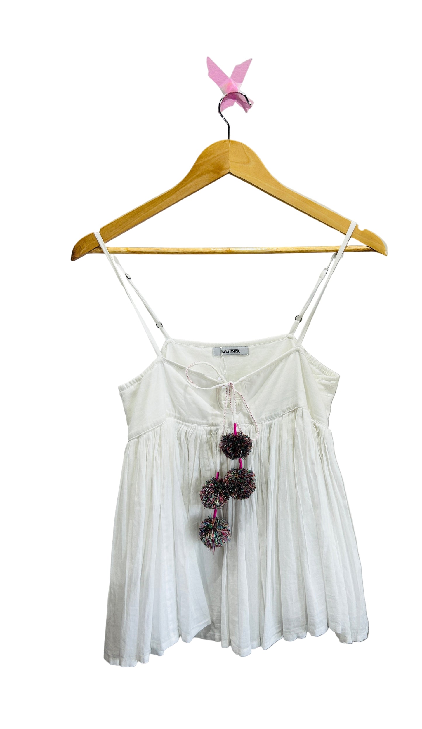 V.DE.Vinster White Cotton Voile Shoestring Strap Top with Poms Size S