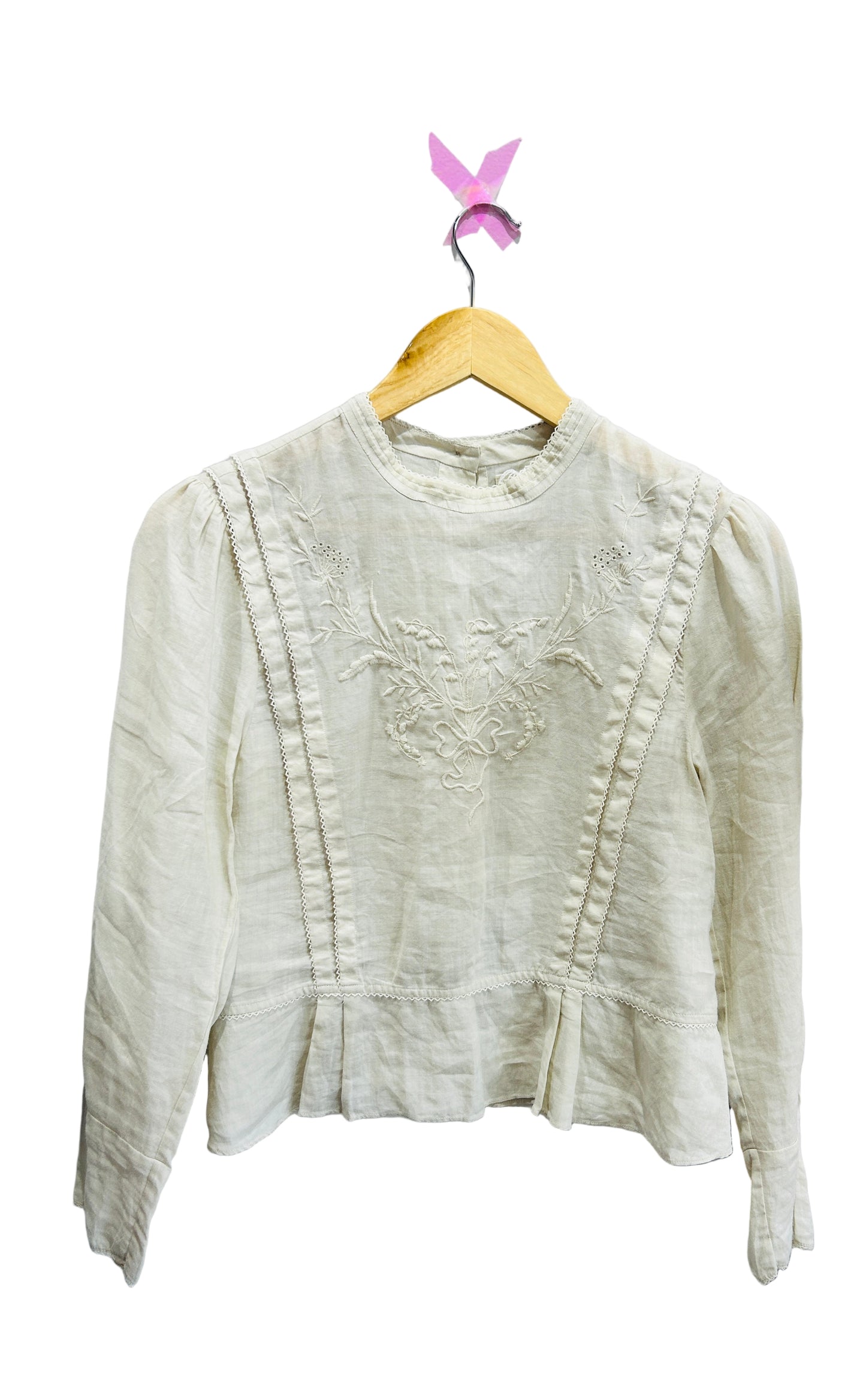Doen Cream Embroidered Ramie Long Sleeve Top Size S