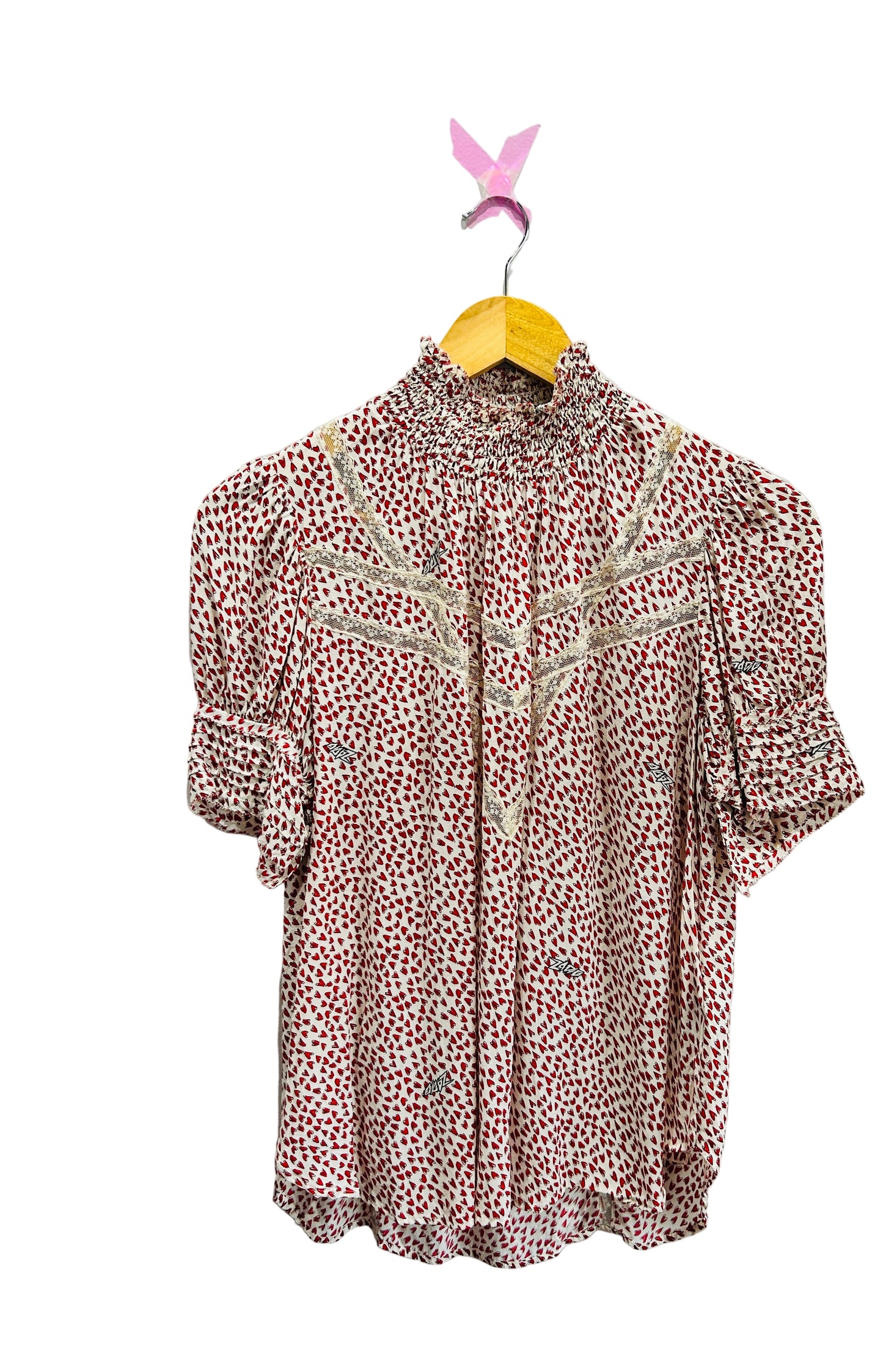 Zadig & Voltaire Cream/Red Heart Print Viscose Puff Sleeve Top Size XS