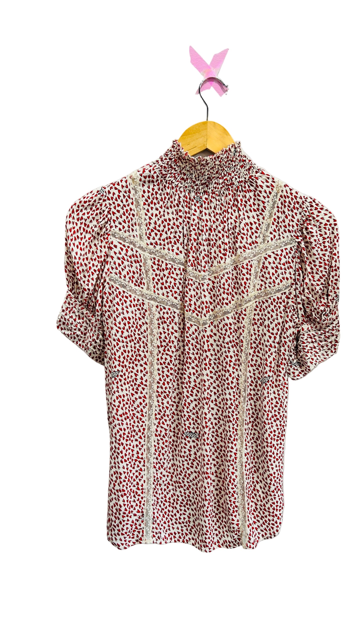 Zadig & Voltaire Cream/Red Heart Print Viscose Puff Sleeve Top Size XS