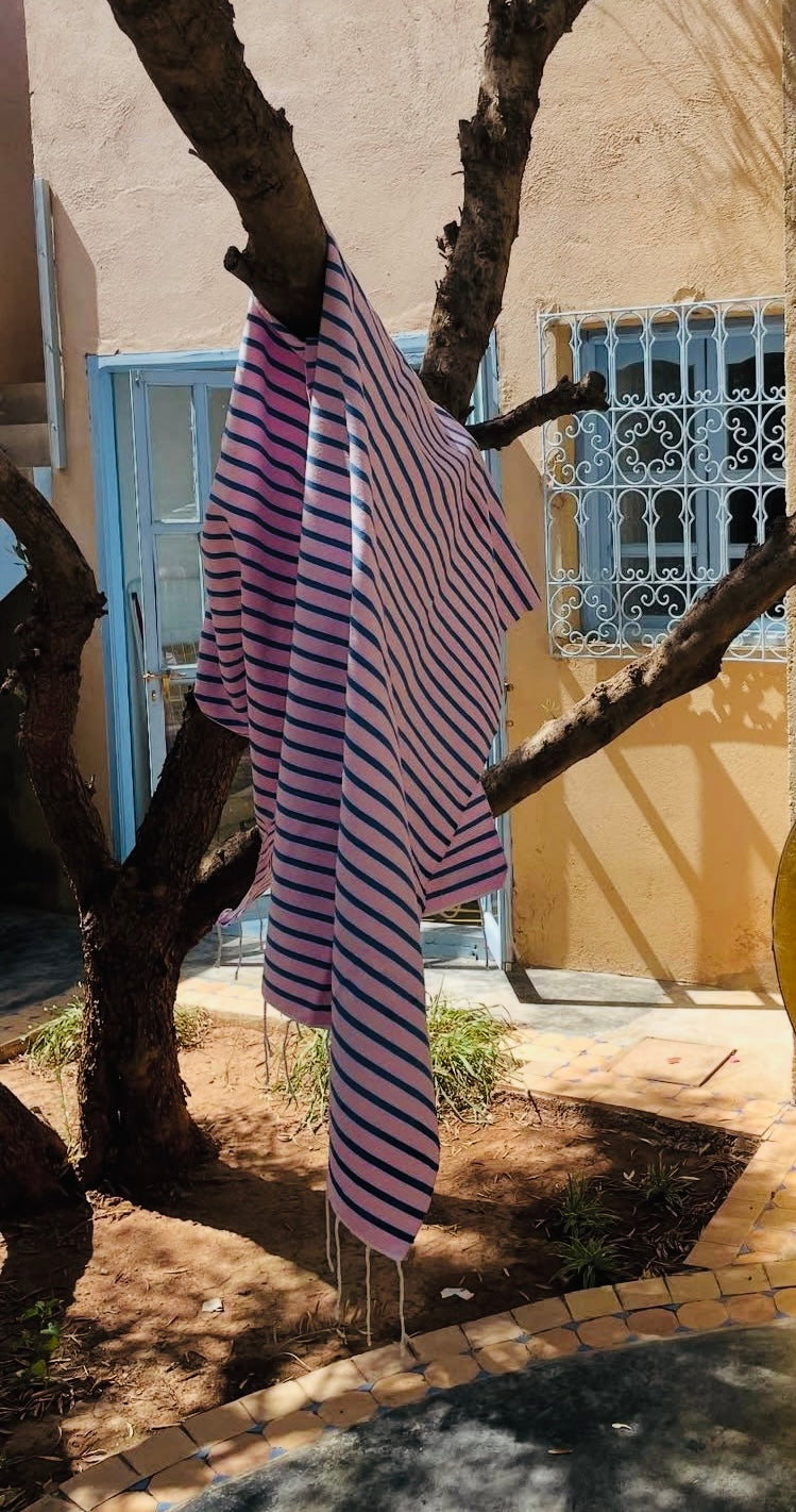 Moroccan Hand Woven Hammam Towel Soft Pink/Indigo