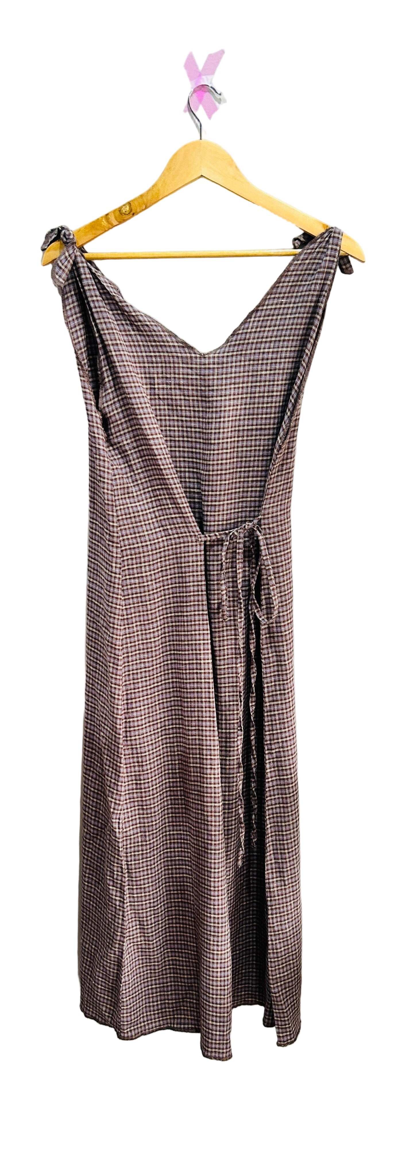 Deiji Studios Lavender/Brown Check Wrap front Linen Dress Size XS