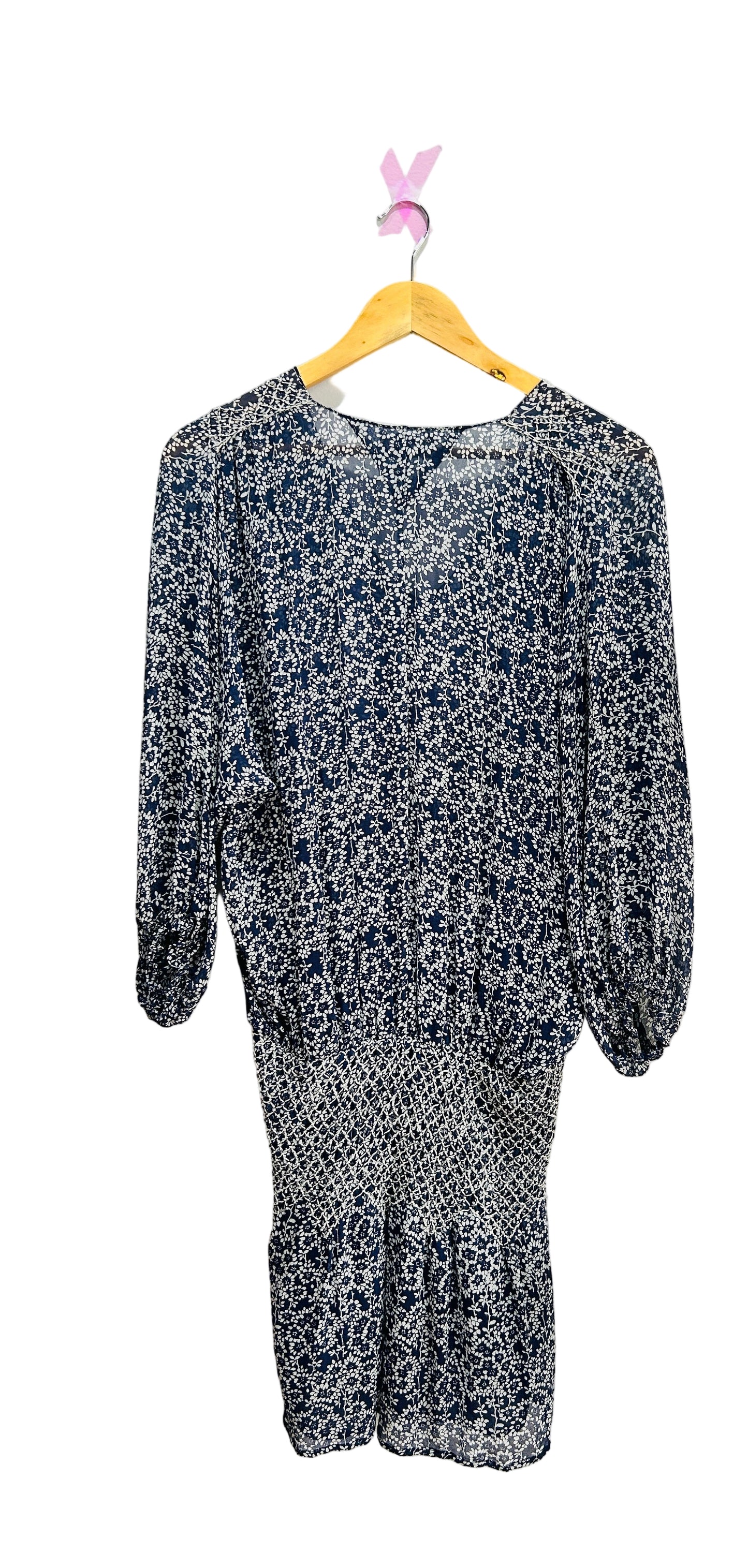 Ulla Johnson Navy Silk Smocked Dropped Waist Dress Size 6 US