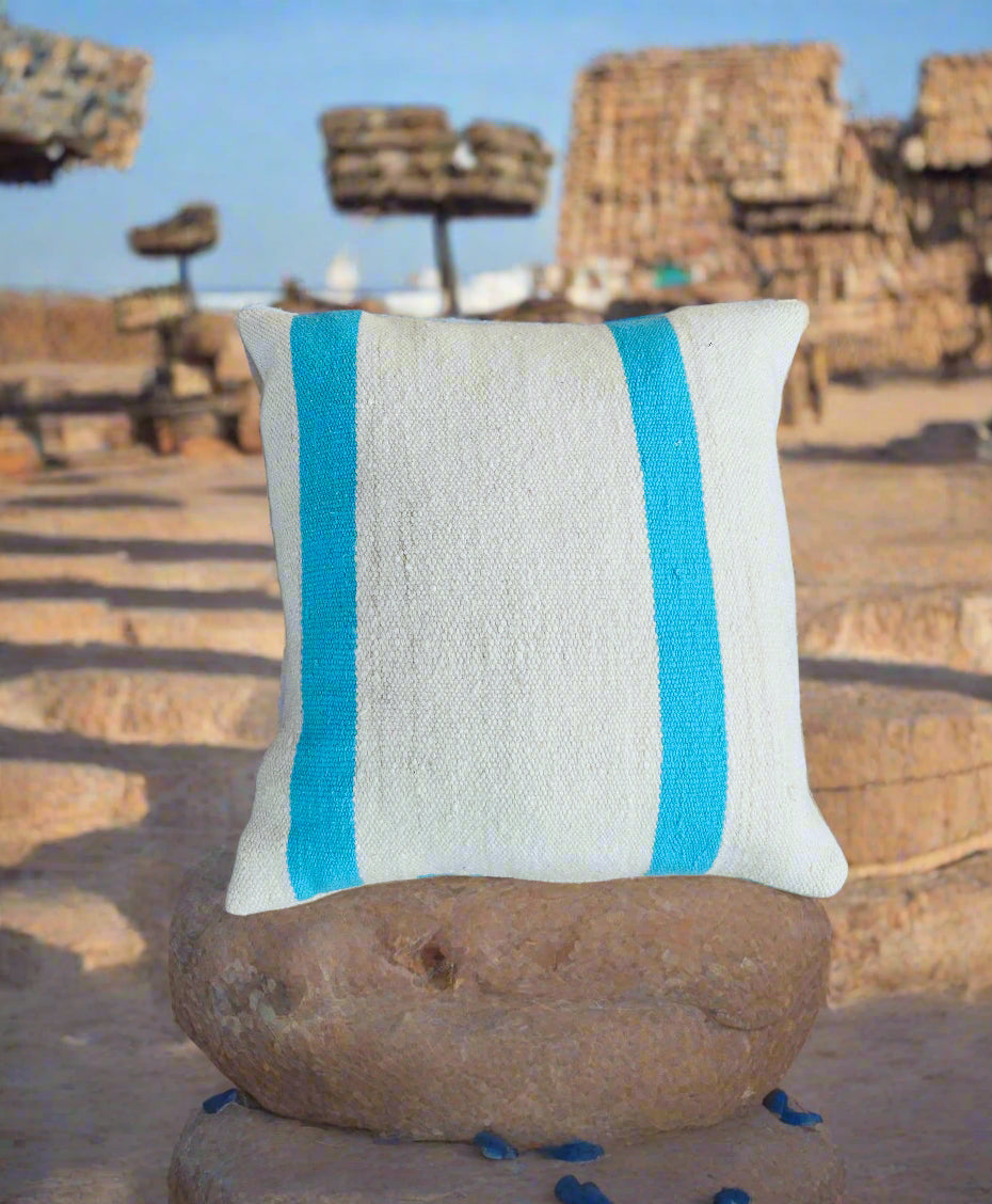 Moroccan Blue Stripe Wool Cushion