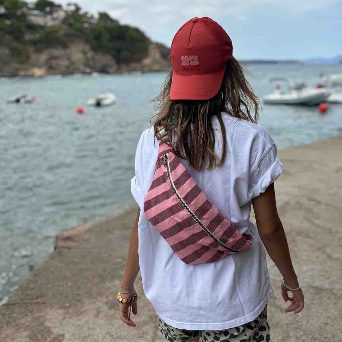 WOMEN BUM BAG STRIPES BURGUNDY /FLAMINGO PINK