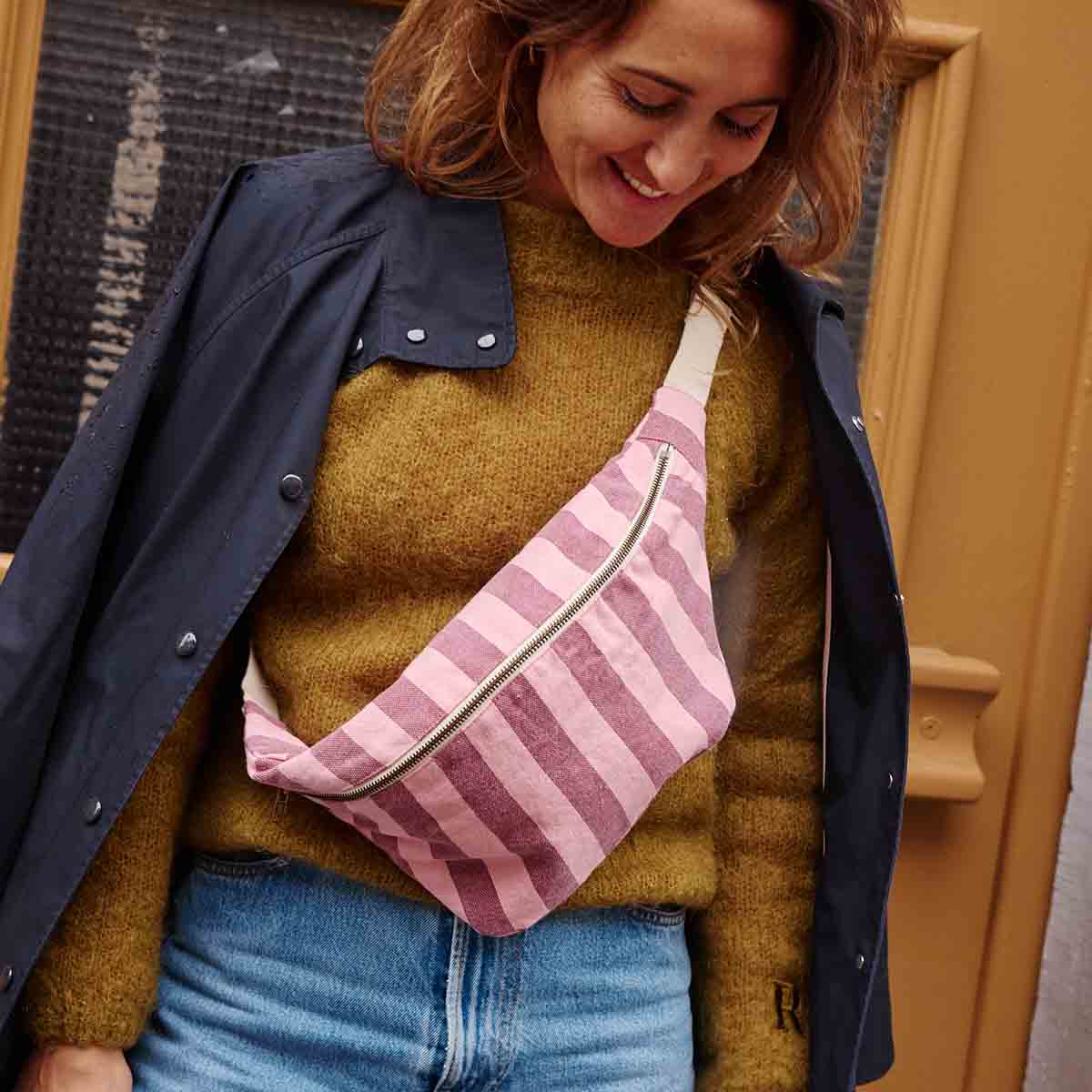 WOMEN BUM BAG STRIPES BURGUNDY /BUBBLE PINK