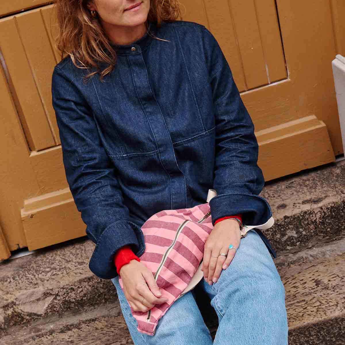 WOMEN BUM BAG STRIPES BURGUNDY /FLAMINGO PINK