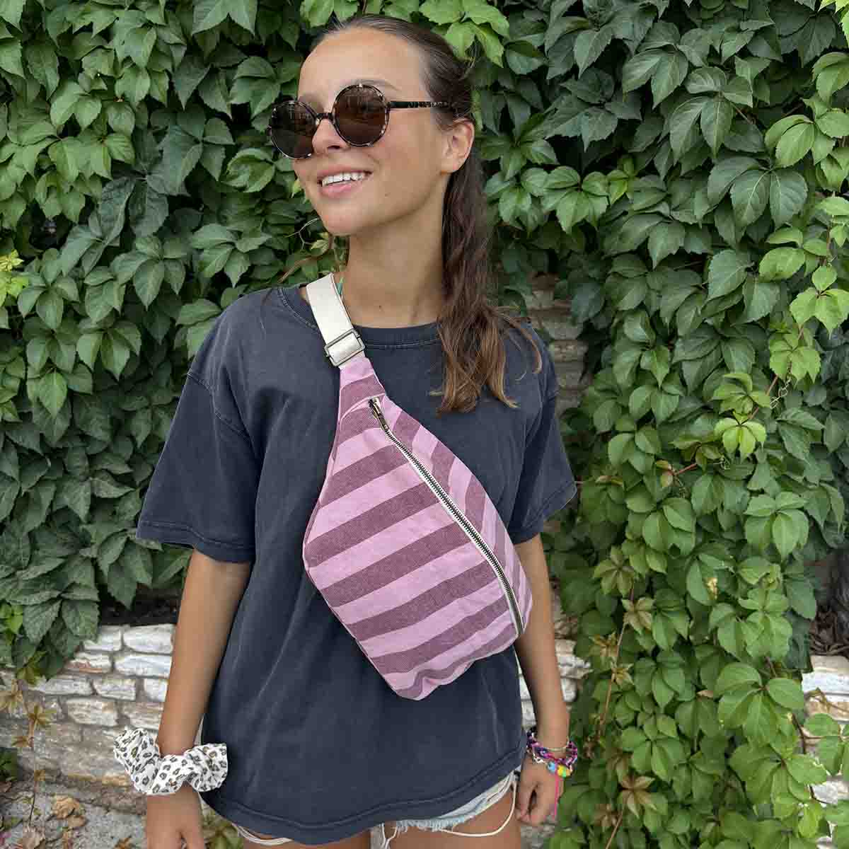 WOMEN BUM BAG STRIPES BURGUNDY /BUBBLE PINK