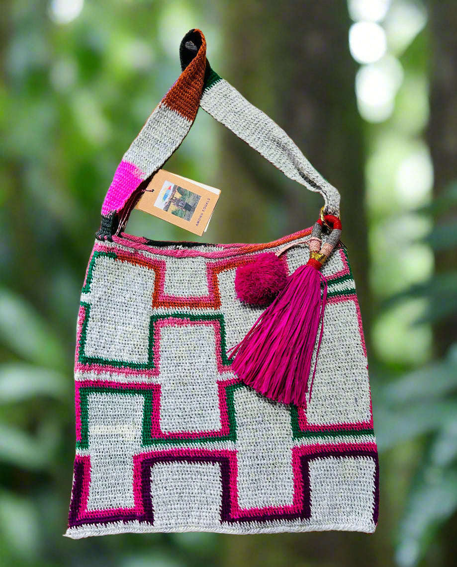 Tama Skin Pik Bilum Tote with Raffia Tassel