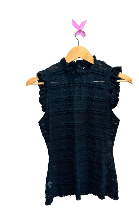 Cinq A Sept Black Nylon/Silk Trim Flutter Sleeve Top Size M