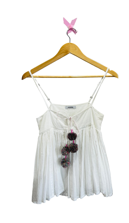 V.DE.Vinster White Cotton Voile Shoestring Strap Top with Poms Size S