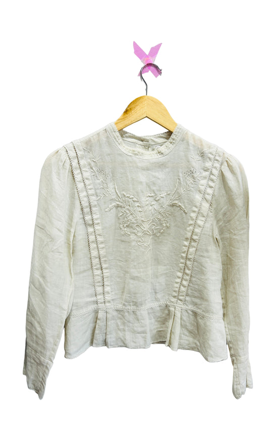 Doen Cream Embroidered Ramie Long Sleeve Top Size S