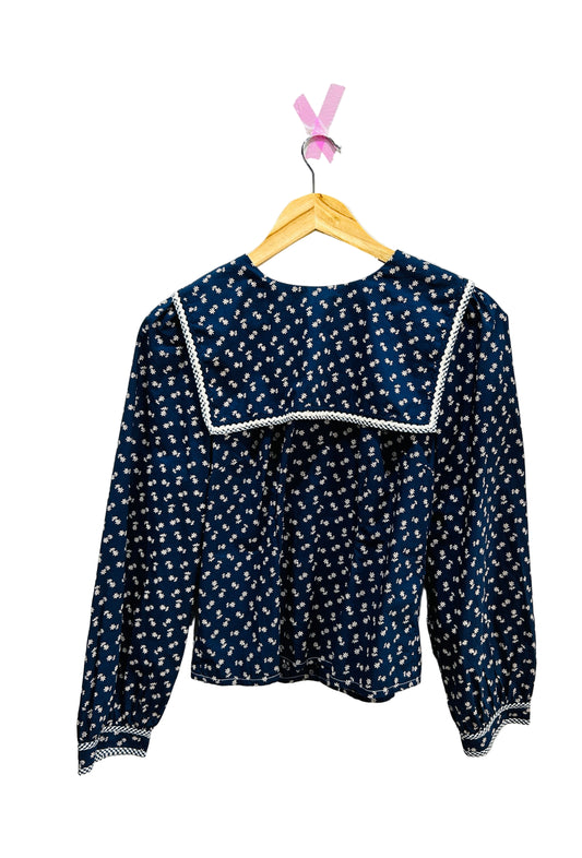 Doen Navy Printed Rik Rak  Cotton Top Size Small