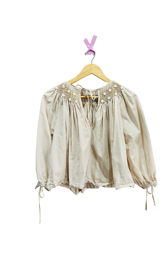 Innika Choo Taupe Cotton Gingham Embroidered Top One Size