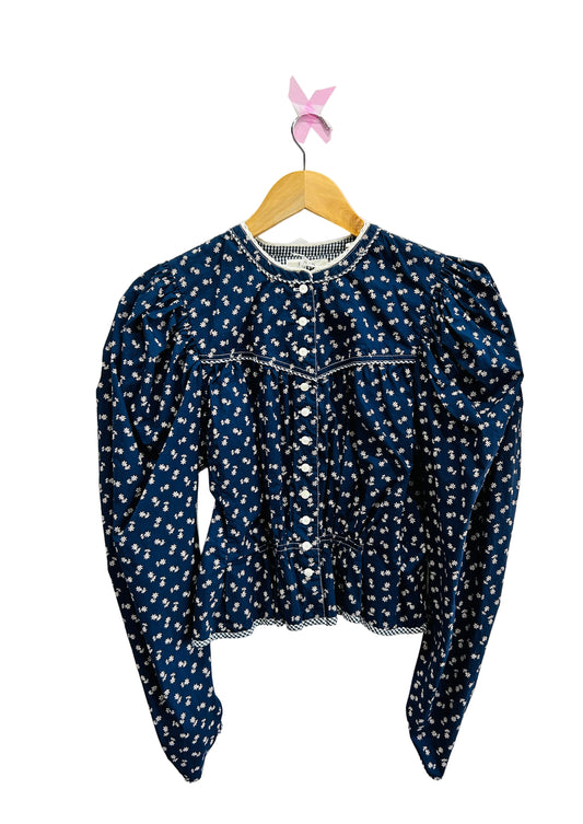 Doen Navy Printed Button Through Cotton Top Size Small