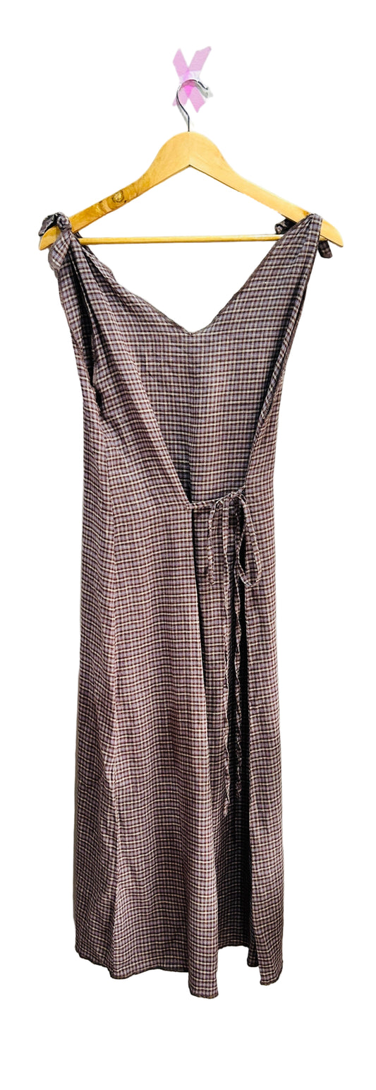 Deiji Studios Lavender/Brown Check Wrap front Linen Dress Size XS