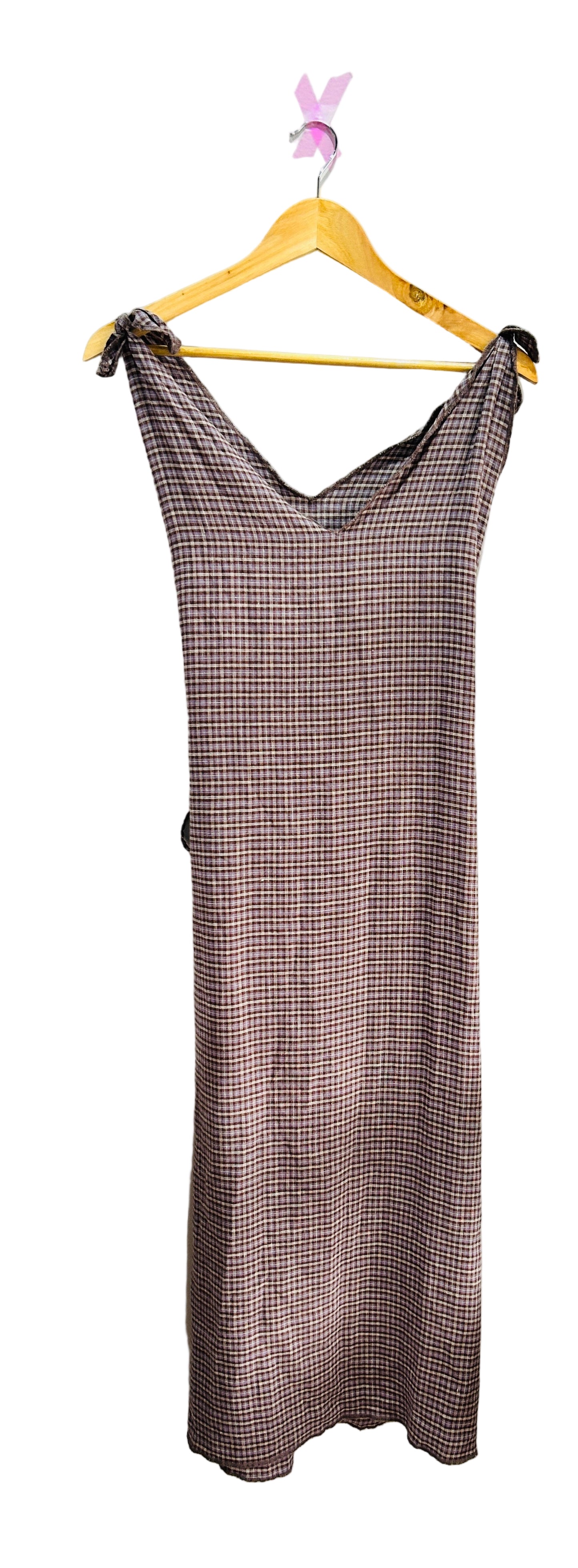 Deiji Studios Lavender/Brown Check Wrap front Linen Dress Size XS