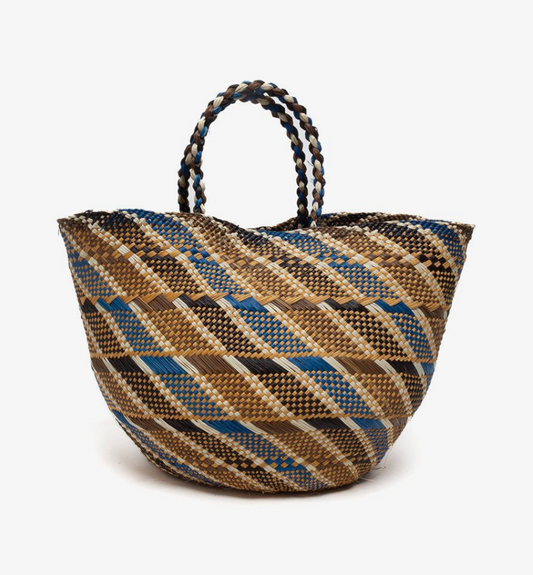 Guanabana Large Brown & Blue Canasto Straw Basket