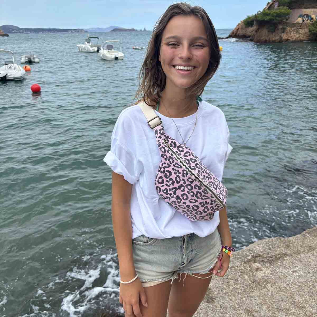 Rose In April Paris Pink Canvas Leopard Print Bum Bag